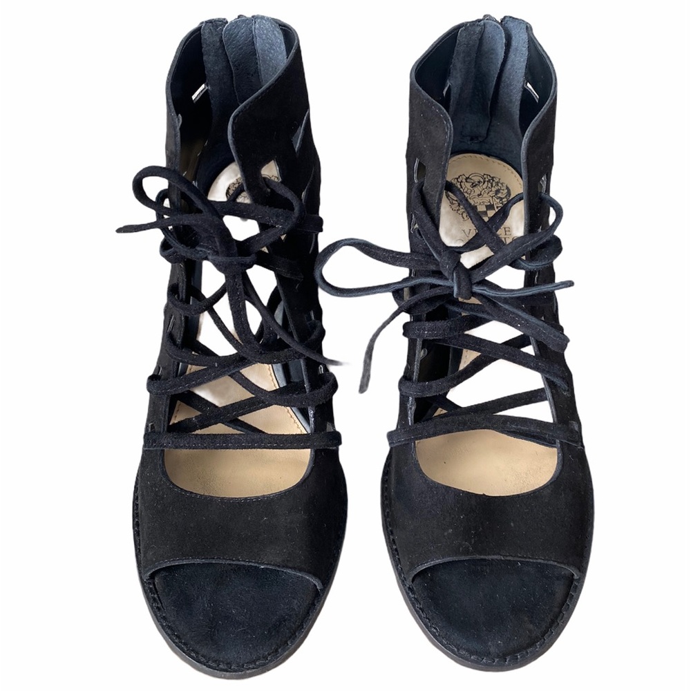 Vince Camuto Tressa Block Heel Sandals Black Lace Up Suede Leather